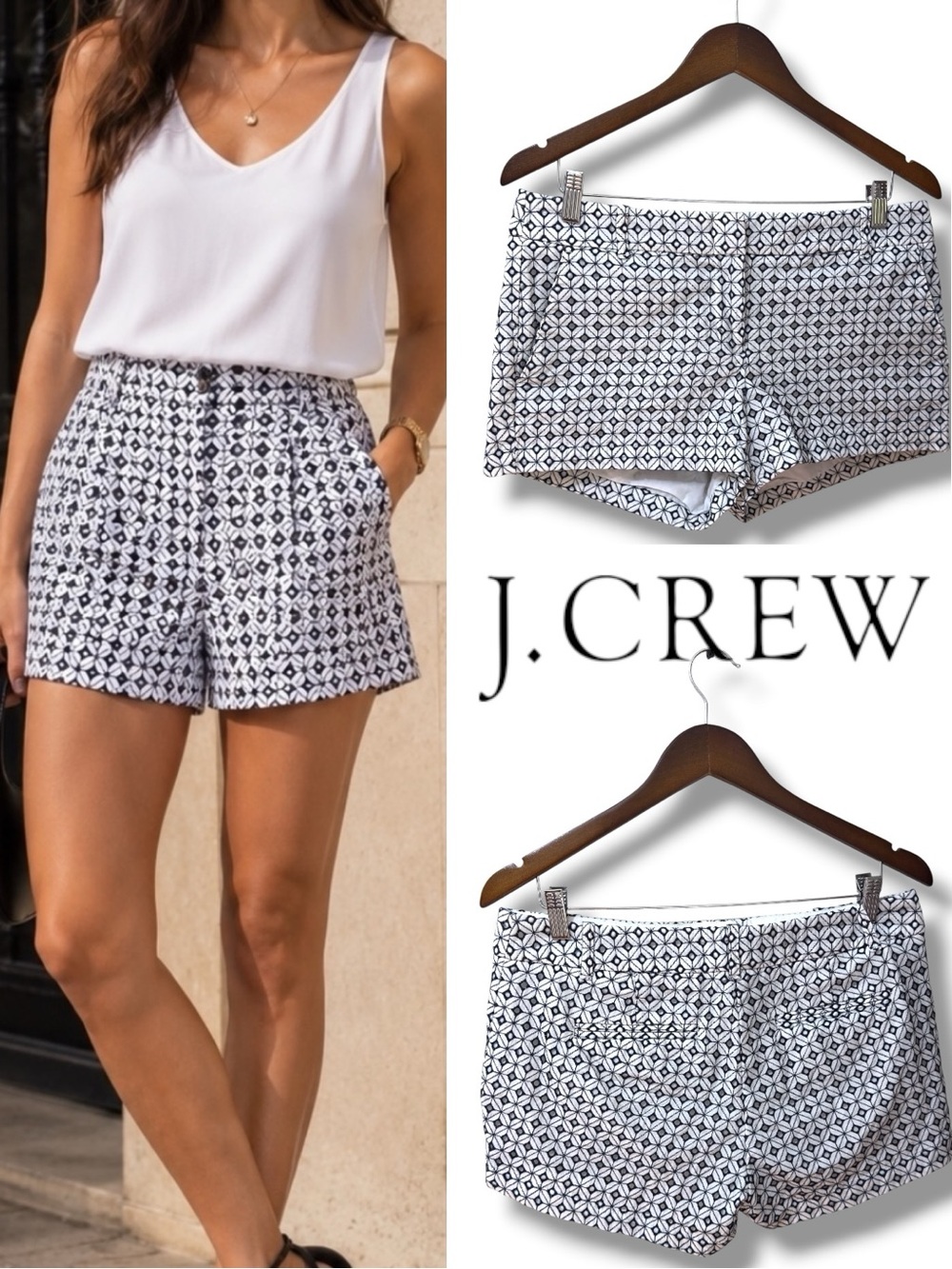 J. Crew | NWOT 100% Cotton Navy White Geometric Print Preppy Coastal Shorts (8)